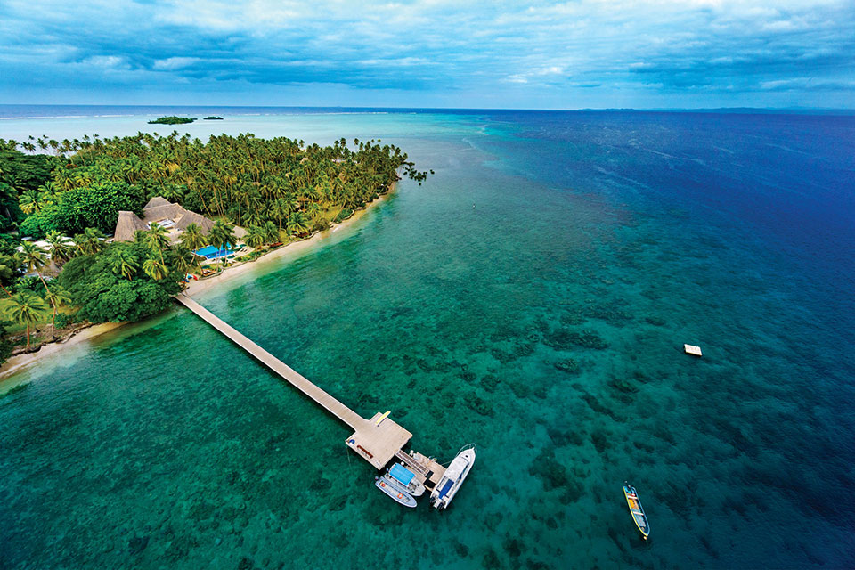 Private-Island-6-Fiji-Luxury-Travel Aerial view of the Jean-Michel Cousteau Resort Fiji with the Private island visible in the background.